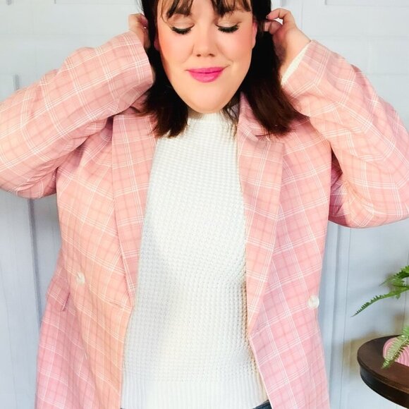 New -Pink Plaid Double Breasted Collar Lapel Blazer - Picture 7 of 14